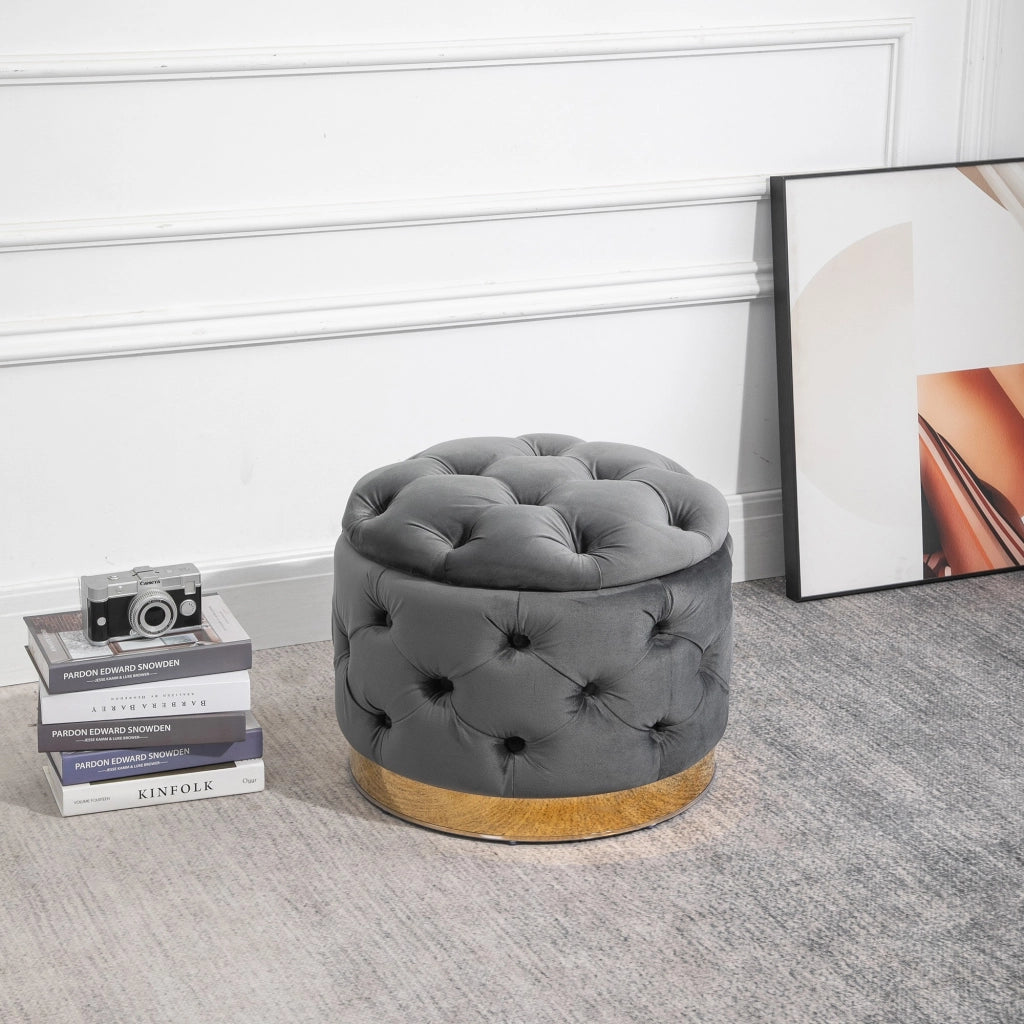 Sgabello vintage, panca contenitore, poggiapiedi, sgabello imbottito, metallo, schiuma, grigio antracite, 55 x 55 x 42 cm