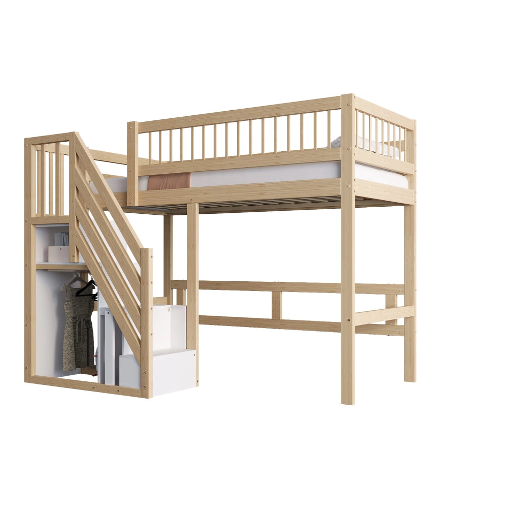OKWISH Letto a Soppalco 90×200 cm, Letto Singolo con Scala Contenitore e Sponda, senza Materasso, in Legno, Naturale