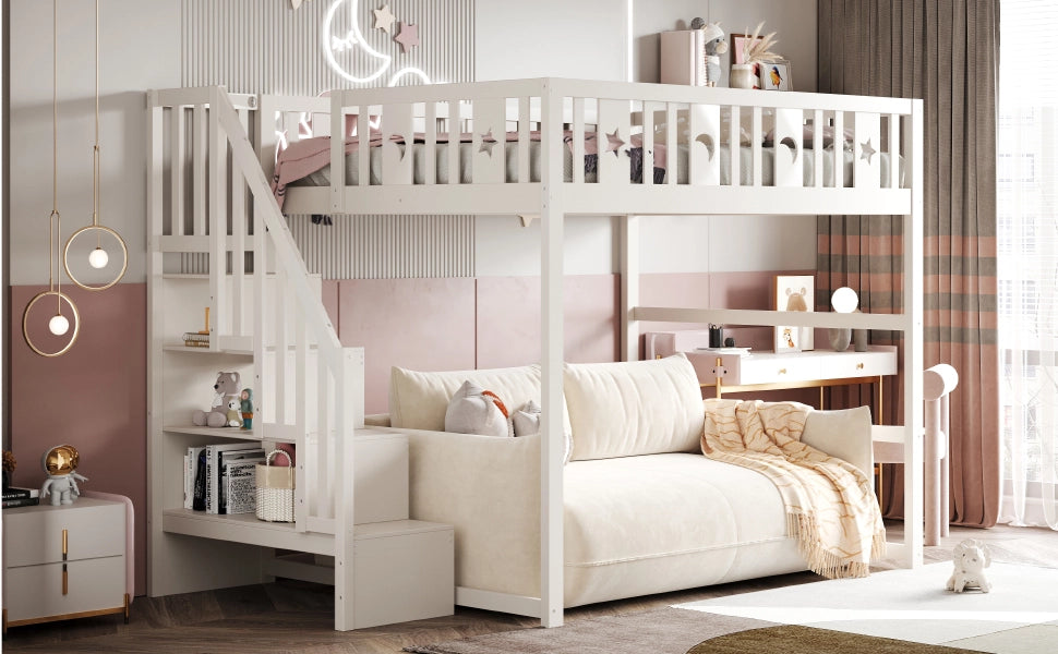 LETTO A CASTELLO 140x200 con scala, legno massello, bianco