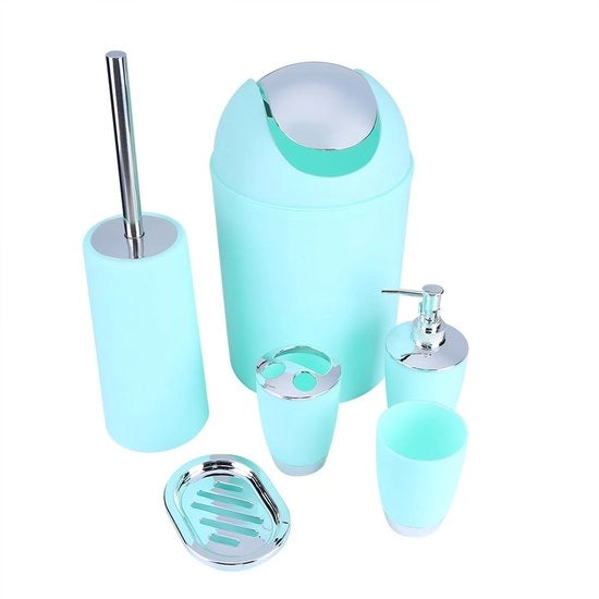 Set accessori da bagno 6 pezzi - Bicchiere - Ospite per spazzola da denti - Contenitore per sapone - Flacone disinfettante per mani - Cestino per rifiuti - Accessori da bagno