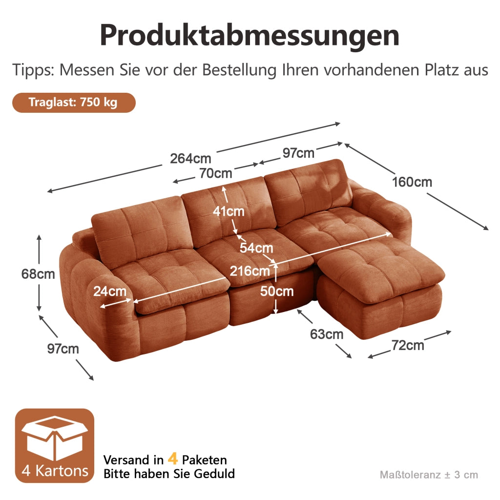 Divano modulare a L 3 posti - con pouf - in chenille - arancione