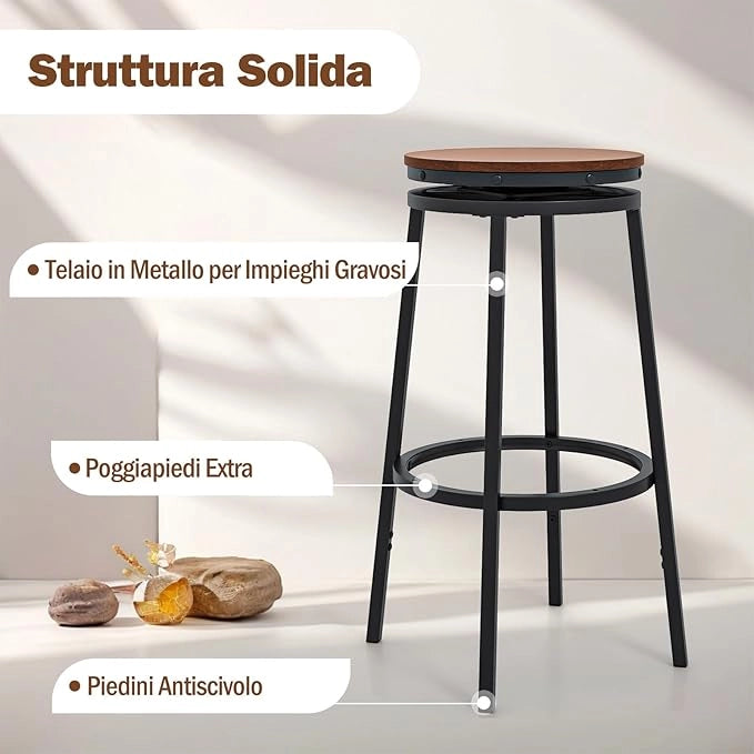 Set di 2 Sgabelli Girevoli e Regolabili in Altezza, Sgabelli da Bar in Metallo e MDF con Poggiapiedi, Mobile per Isola della Cucina, Sala da Pranzo e Salotto, Marrone e Nero