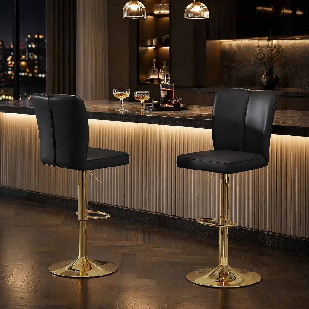 Sgabello da bar regolabile in altezza, girevole a 360°, in PU nero e oro, set da 2