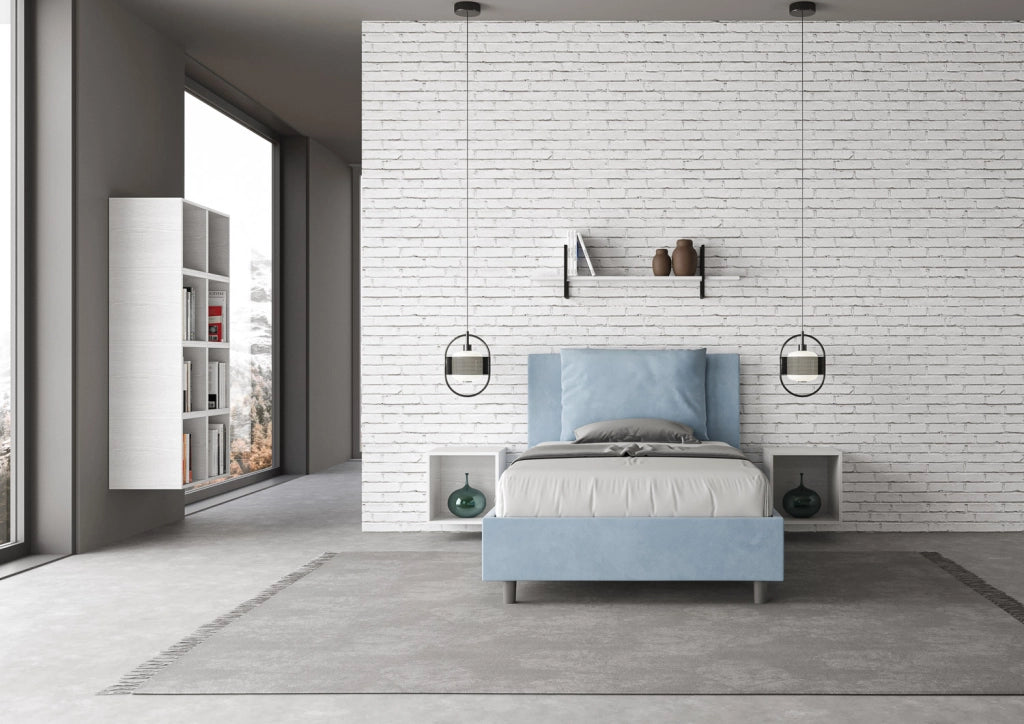 BS COM Letto una piazza e mezza senza rete imbottito 110x190 microfibra azzurro