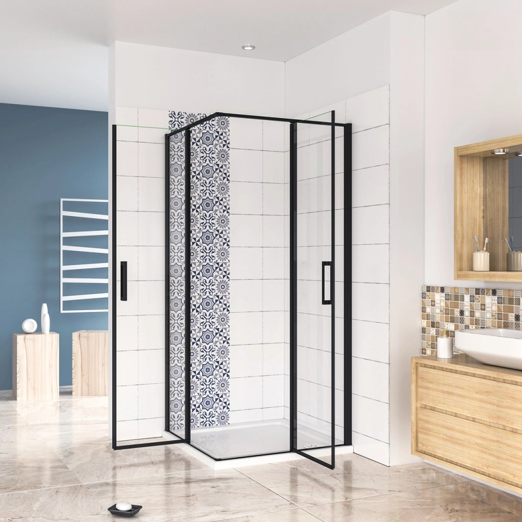Box Doccia Angolare 120x120 cm H.185 cm Doppia Porta Battente in Vetro Temperato Trasparente Anticalcare 6 mm Profilo Nero Opaco