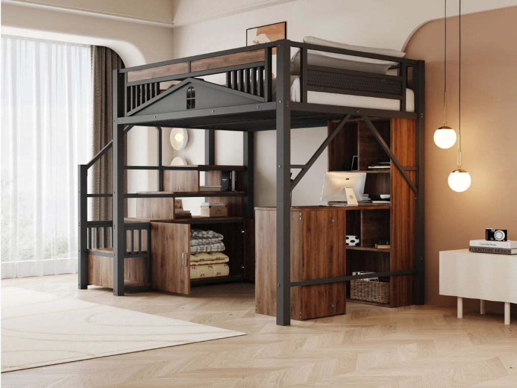 Letto a soppalco in metallo con scala contenitore; protezione a finestra e spazio sotto il letto; nero; 140x200 cm; senza materasso