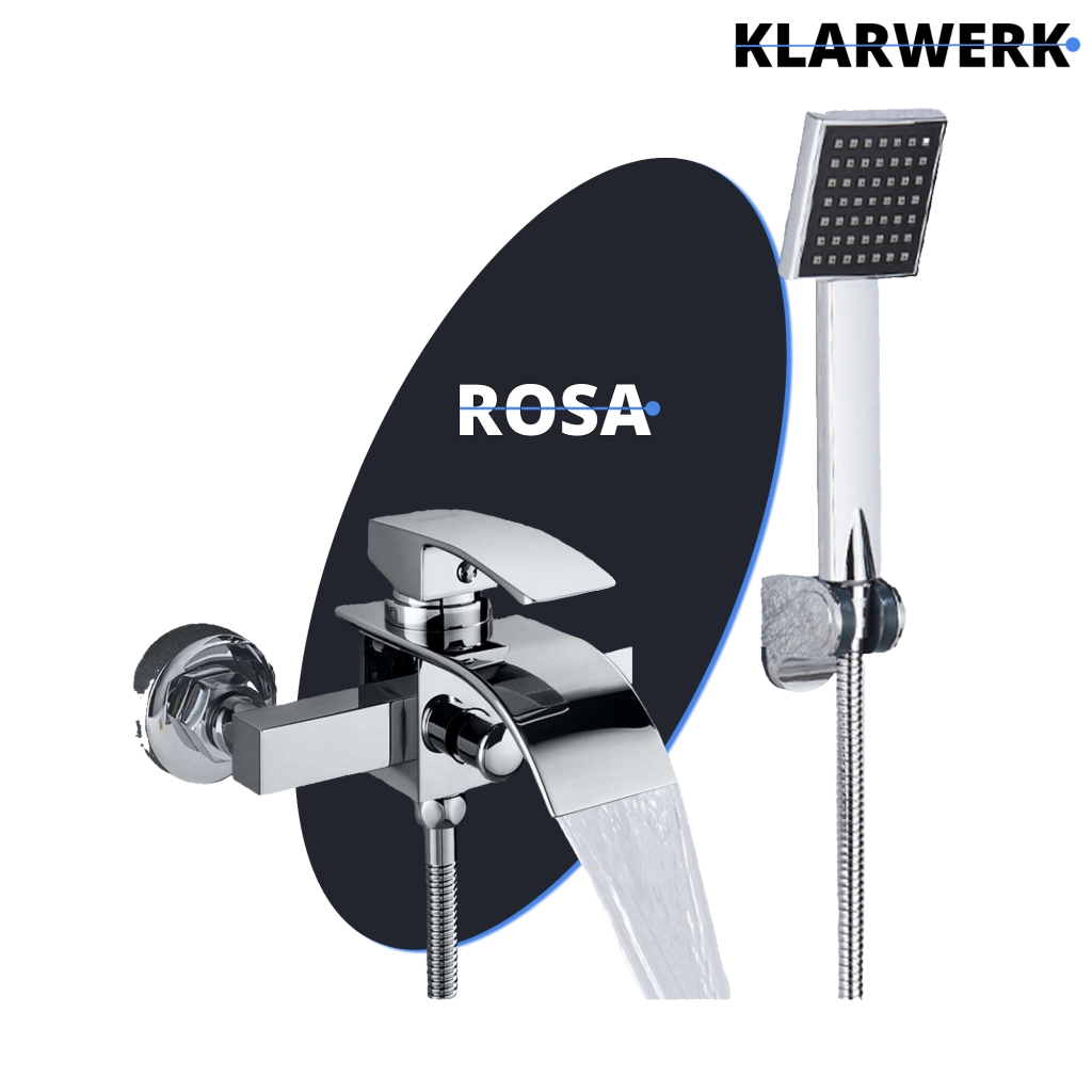 "ROSA" | Rubinetto per vasca a cascata doccia cromata| in acciaio inox con doccetta e supporto Set completo termostato vasca con rubinetto miscelatore