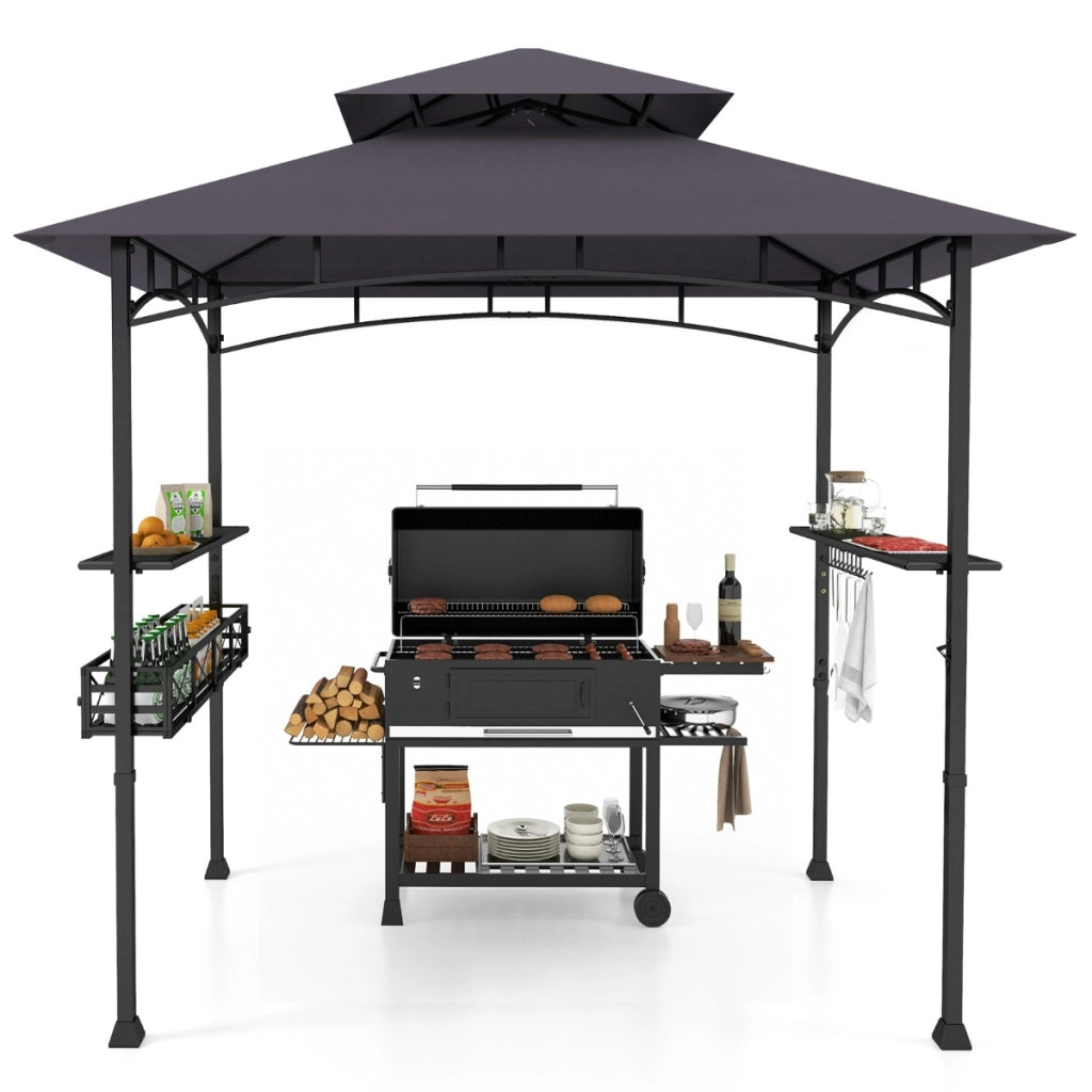 Gazebo barbecue con 2 ripiani laterali cestino ganci appendiutensili, Tendone da esterno per barbecue 242x153cm Grigio scuro