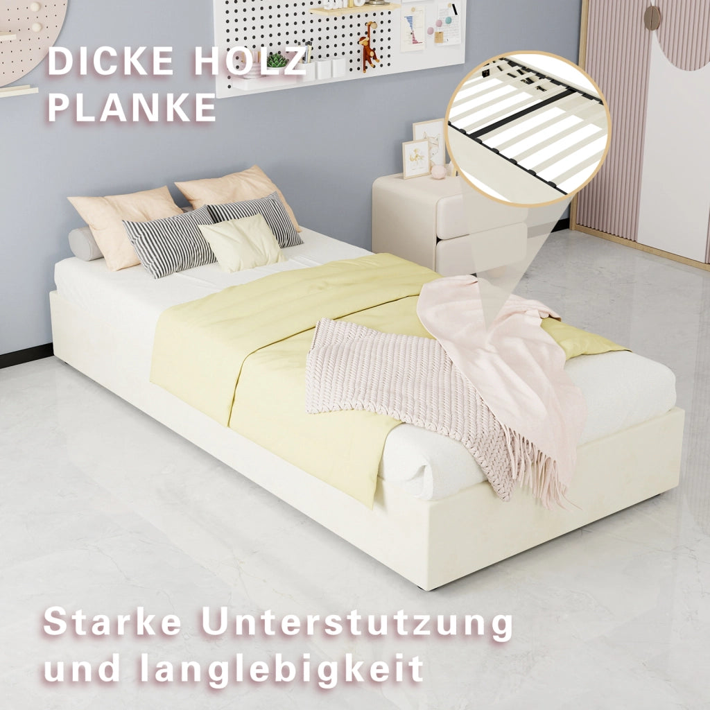DESMIU Letto bambino 90 × 200 cm 1 posto con contenitore pneumatico e testiera fantasia, senza materasso, in tessuto e metallo beige