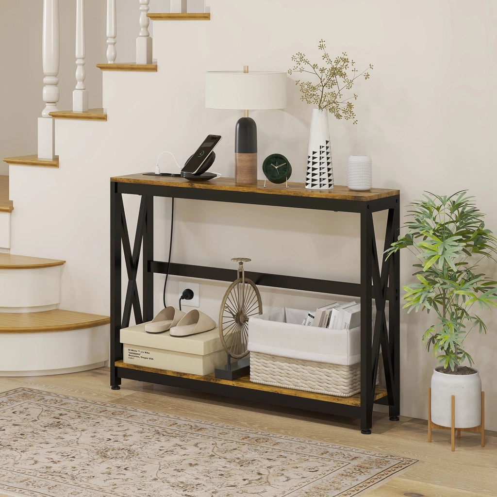 Console industriale a 2 livelli con prese ¨C zephmum ¨C 100x24x75 marrone