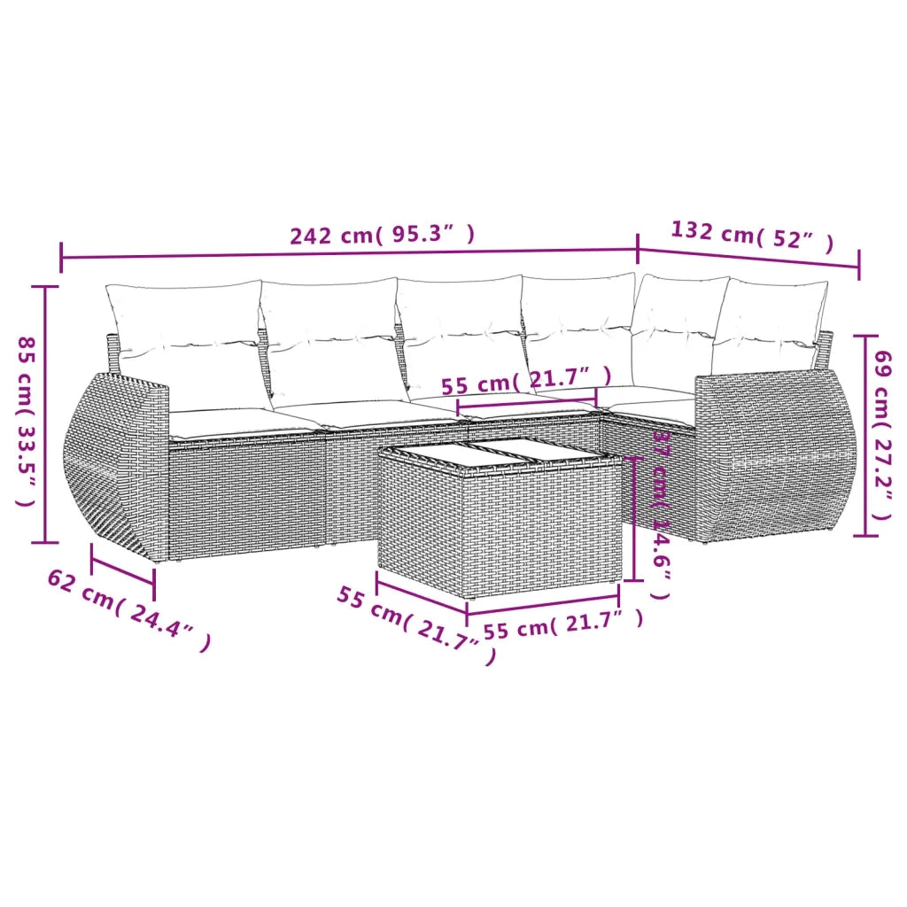 Set Divano da Giardino 6 pz con Cuscini Grigio in Polyrattan