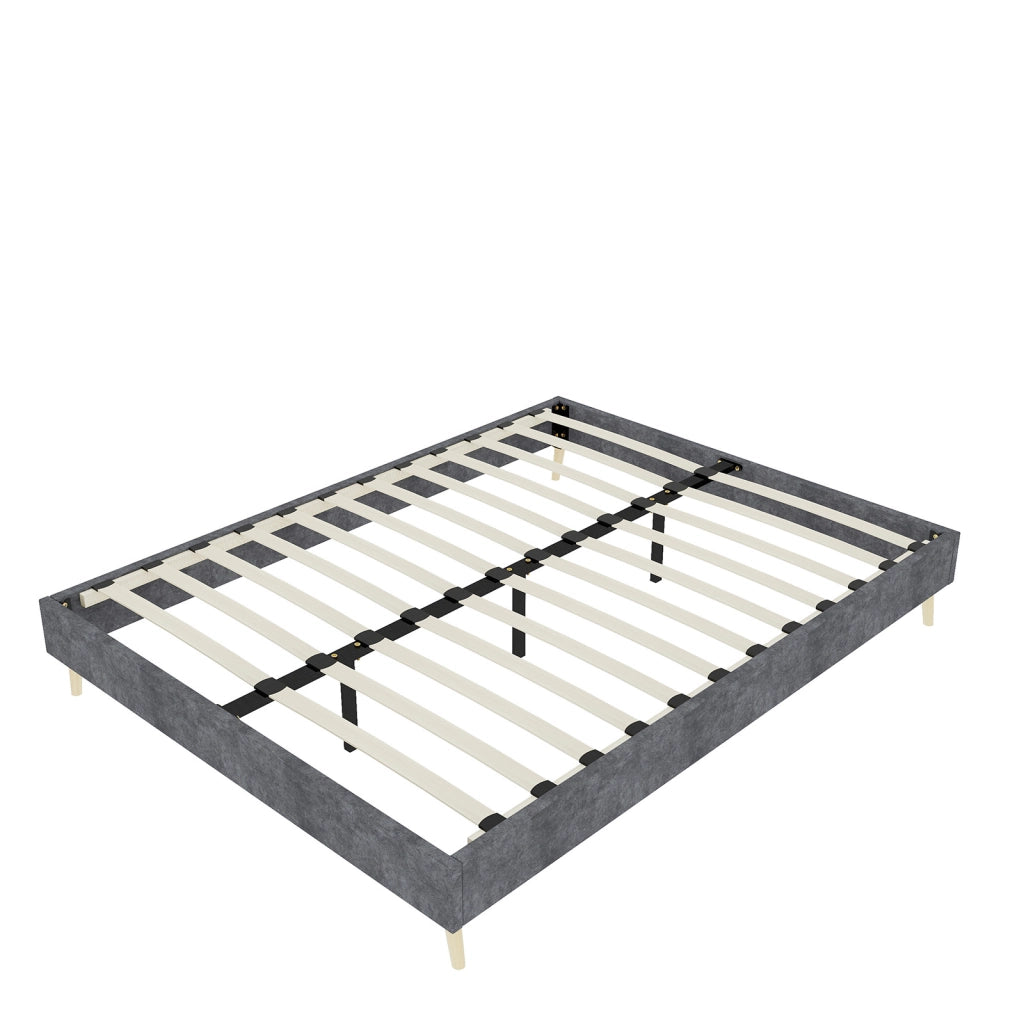 Letto moderno minimalista 140x200 cm in velluto olandese grigio, struttura piattaforma bassa, stile contemporaneo