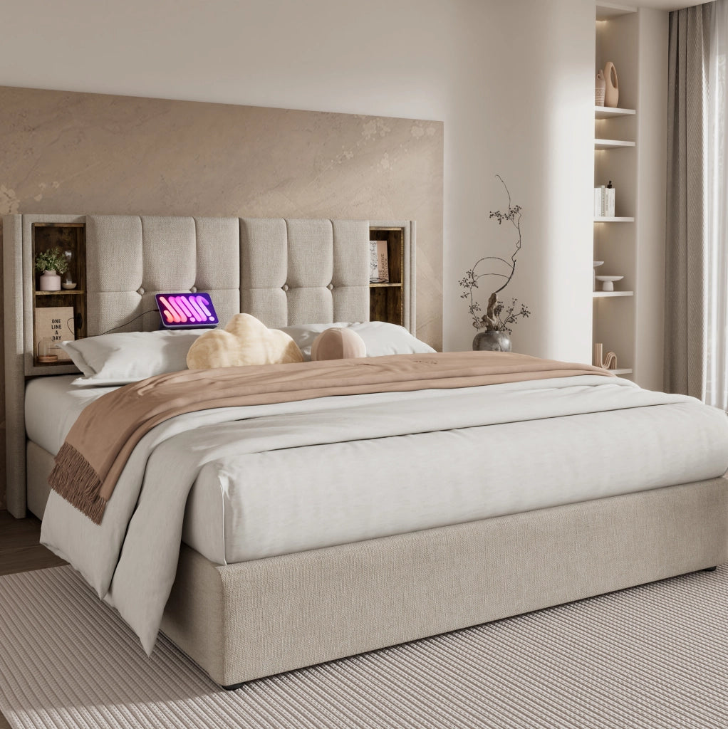 Letto matrimoniale 180x200 cm con ricarica wireless e USB; contenitore; lino; colore naturale (Senza materasso)