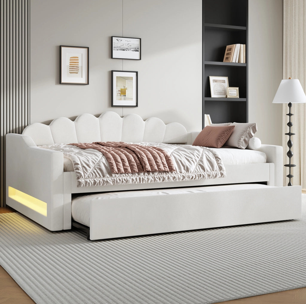 Divano letto imbottito 140x200 cm con LED e letto estraibile; beige