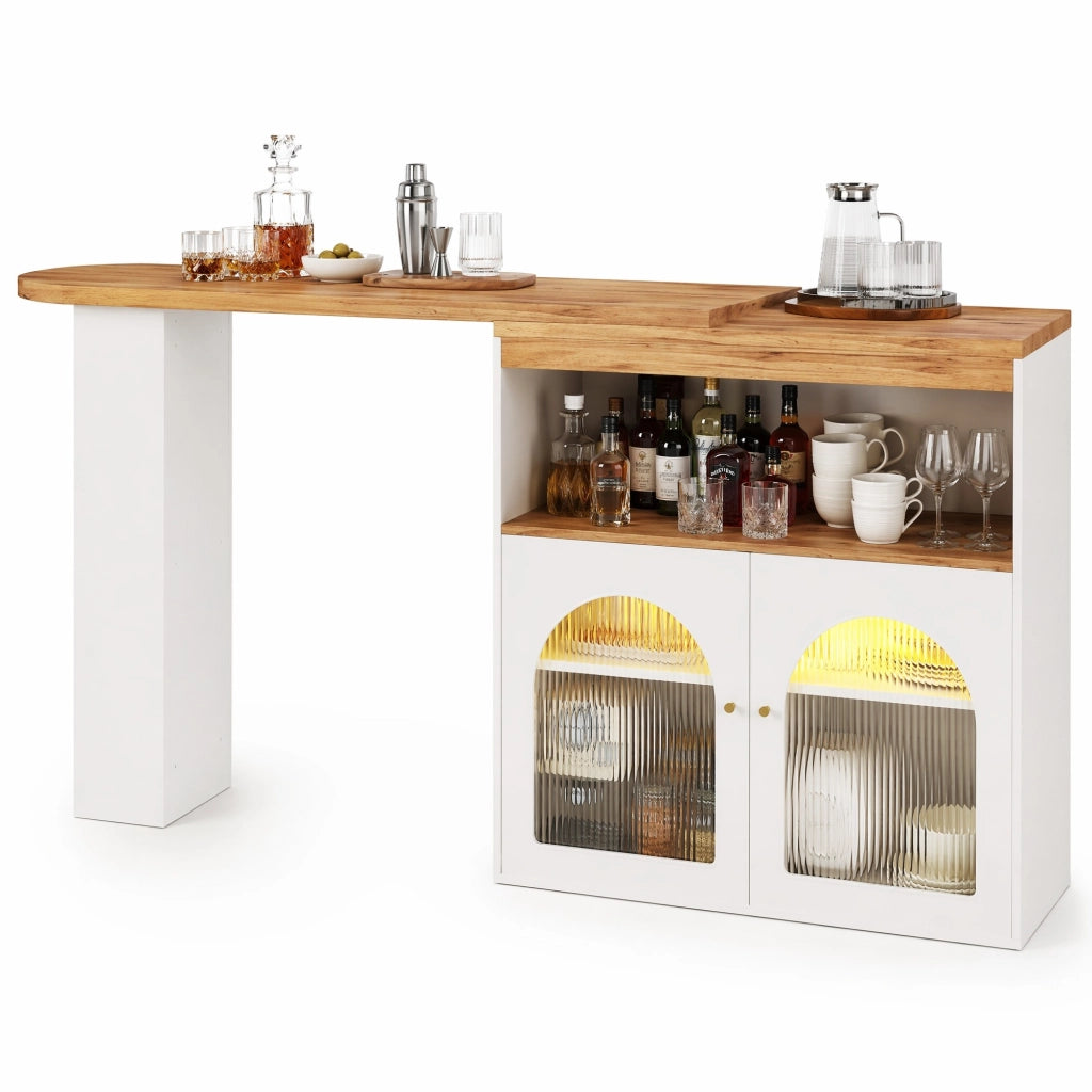 Bar tavolo allungabile girevole con LED e vano contenitore, bianco, 138-193 x 39 x 105 cm
