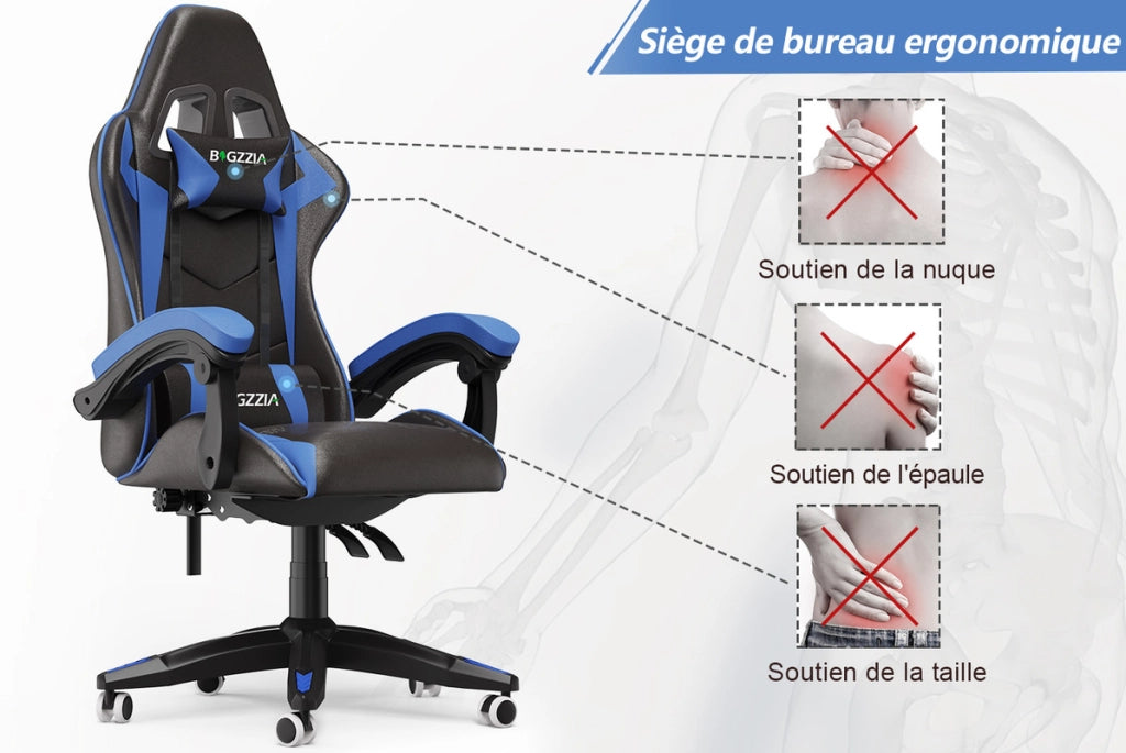 Sedia da gioco,  Sedia da gioco ergonomica, altezza regolabile, schienale reclinabile, braccioli e poggiatesta, nero e blu