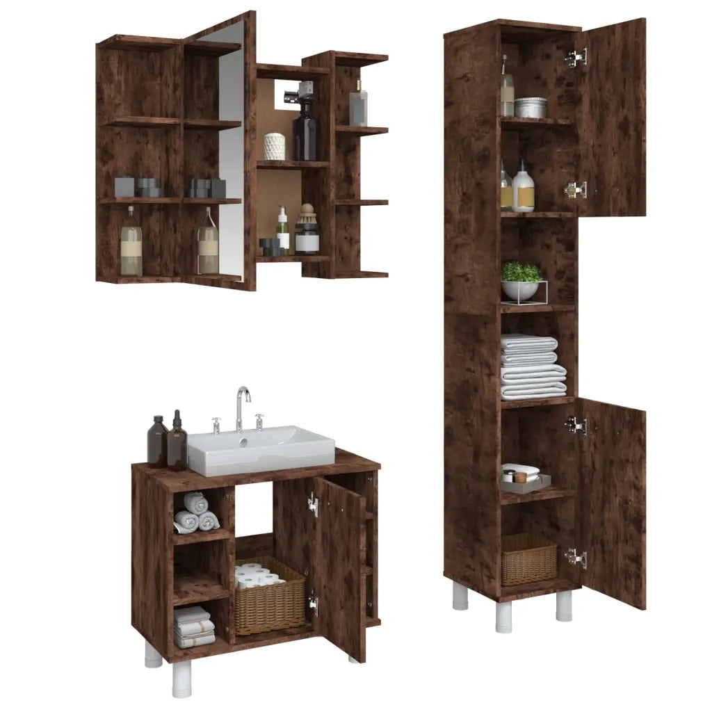 Set Mobili da Bagno 3 pz Rovere Fumo in Legno Multistrato 3187606