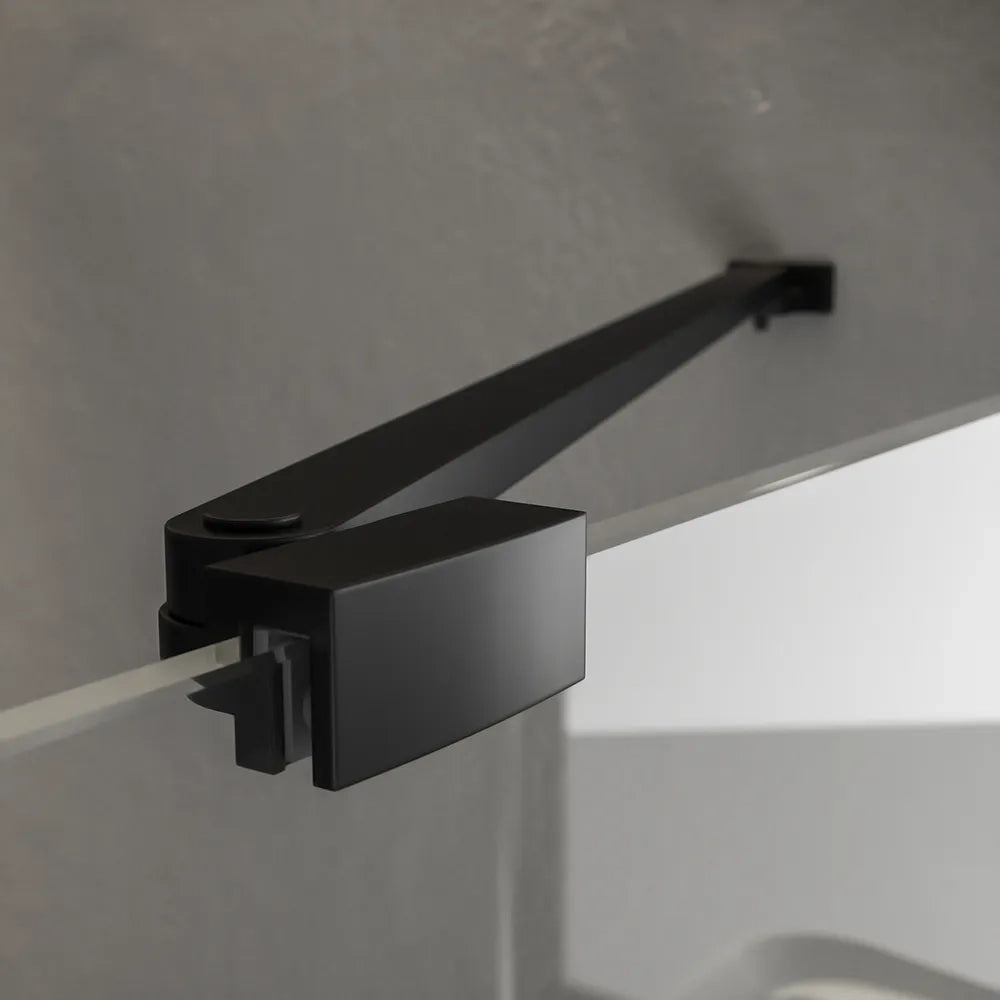 Porta doccia 141-145cm profili in alluminio nero opaco apertura libro a sinistra con parete fissa vetro 8mm trasparente h195 | Fiji
