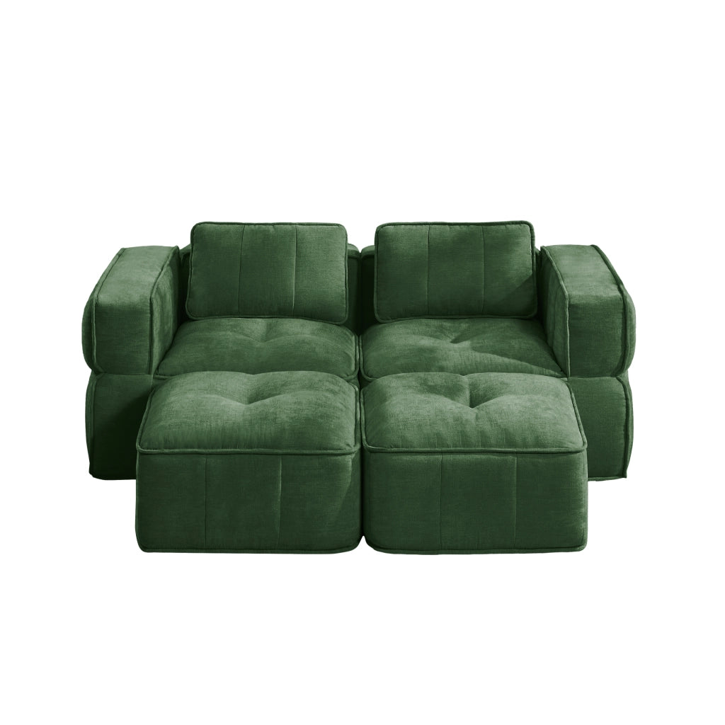 Divano modulare 2 posti con 2 pouf, seduta profonda e braccioli larghi in poliestere verde, 198 × 162 × 67 cm