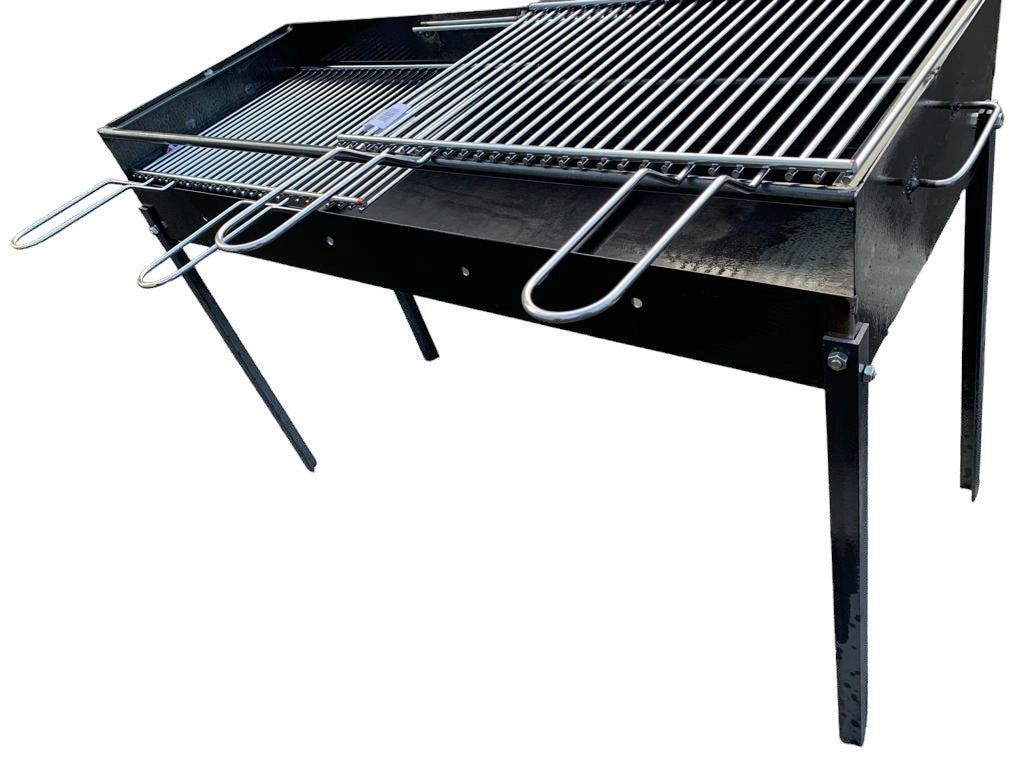 Barbecue in Ferro con 2 Griglie in Acciaio,Artigianale, Regolabile in 2 Altezze 100x38 cm, Piedi Estraibili, Portatile per Esterni