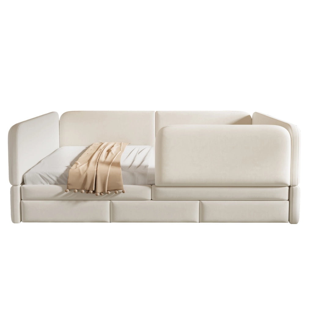 Letto imbottito per bambini 140x200 cm con bordo di sicurezza; angoli arrotondati e cassetto; velluto beige