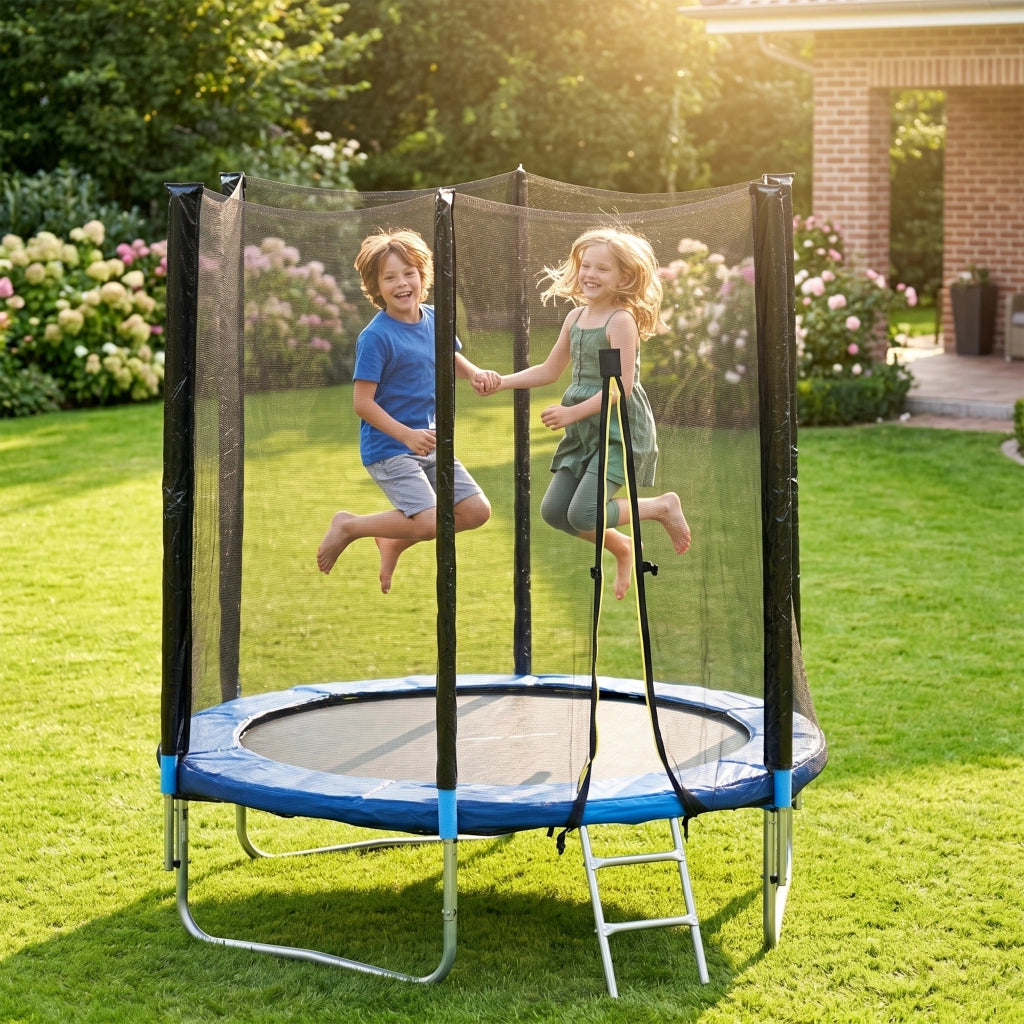 Trampolino Elastico con Scaletta e Rete di Sicurezza. in Acciaio e Plastica. ?180x200 cm. Blu