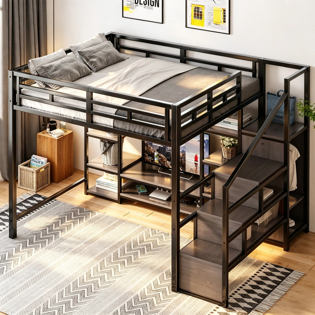 Letto a soppalco matrimoniale 140×200 cm con supporto TV; presa elettrica e scala; senza materasso; metallo; nero