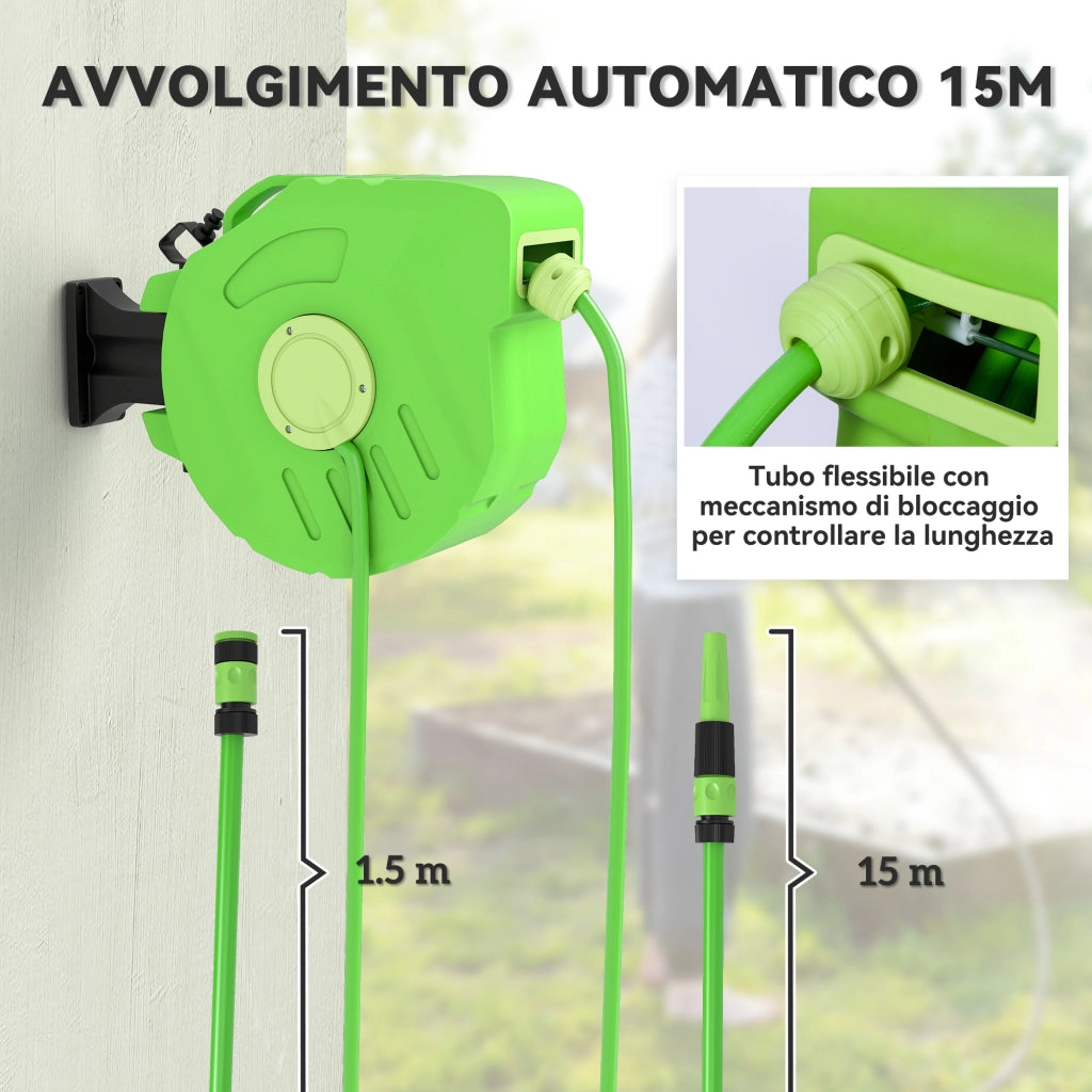 Avvolgitubo da Giardino Retrattile con Tubo 15 m ¨C zephmum ¨C Verde Plastica