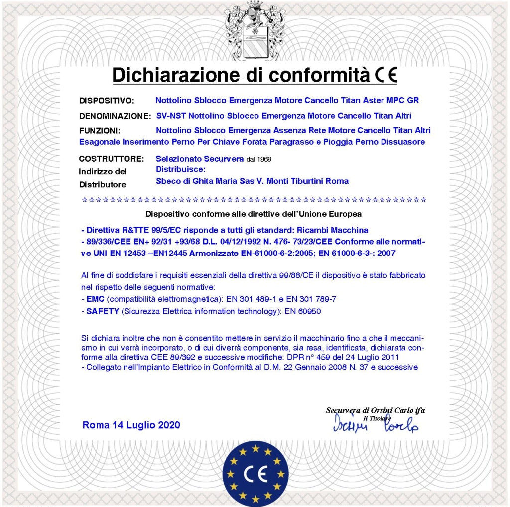 Barilotto Sblocco Emergenza Motore Cancello Titan Aster Mover MPC E-Gates Linear in Alluminio Pressofufo con Foro Esagonale Inserimento Chiave Forata Con Paragrasso e Pioggia Perno Acciaio di Sgancio