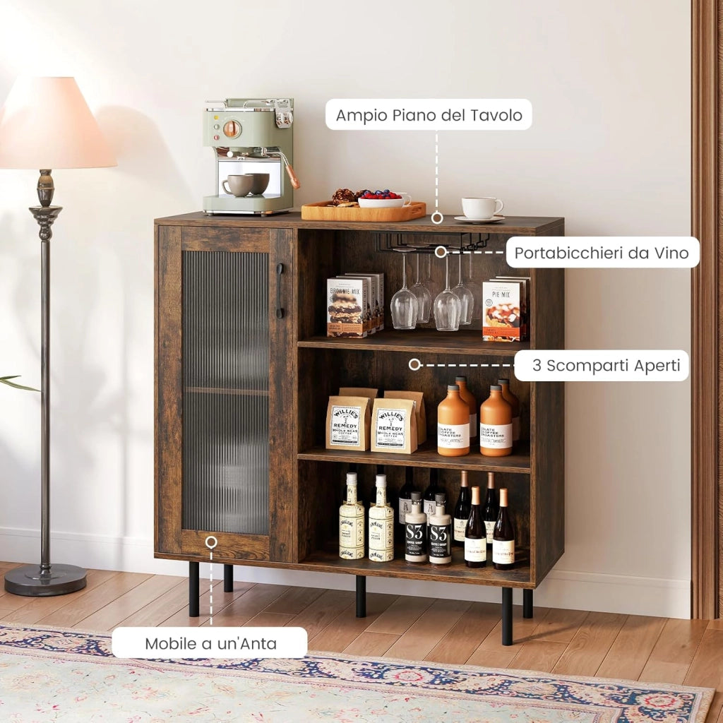 Credenza da Cucina, Armadietto Salvaspazio in Legno con Porta, Ripiano Regolabile e Portabicchieri da Vino, Mobile a Buffet per Soggiorno, Sala da Pranzo e Ingresso, 95 x 35 x 98 cm