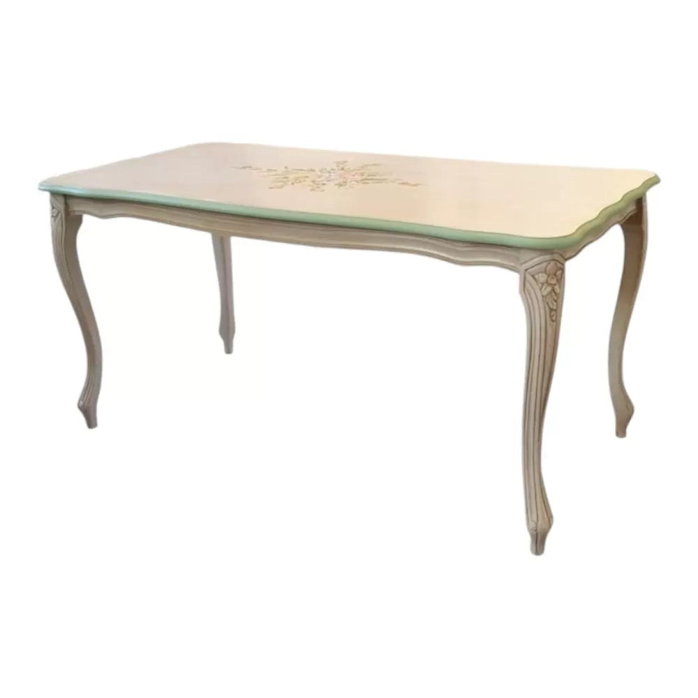 Tavolino shabby legno bianco anticato decorato filo verde 100x50x50 - Mobili 2G