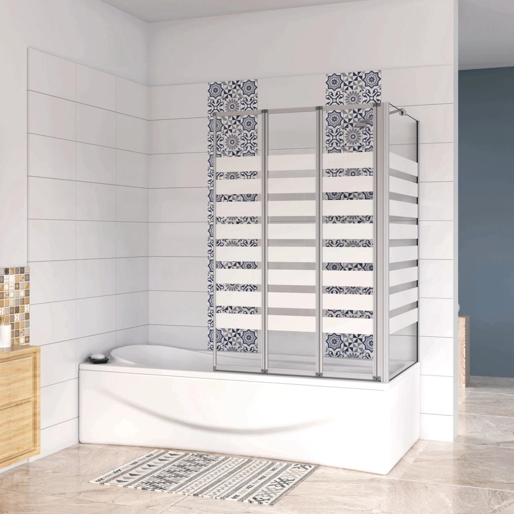 Sopravasca 130×140cm Vetro 4mm Temperato Bianco 3 Ante Pieghevoli a Libro con Lato Fisso 65x140 cm Profilo Argento Opaco Verso Destro
