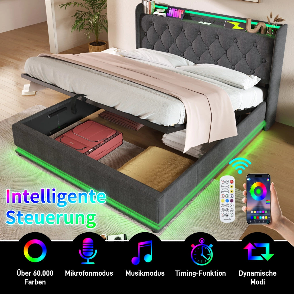 Letto matrimoniale di 140x200cm in lino grigio con 360 LED telecomando sistema di stoccaggio idraulico e porta USB Type-C senza materasso