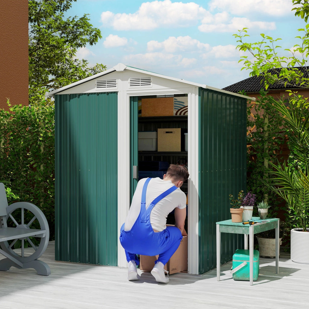 Casetta Box Da Giardino 152x132x188 cm con Tetto Inclinato e 4 Prese d'Aria in Acciaio Verde