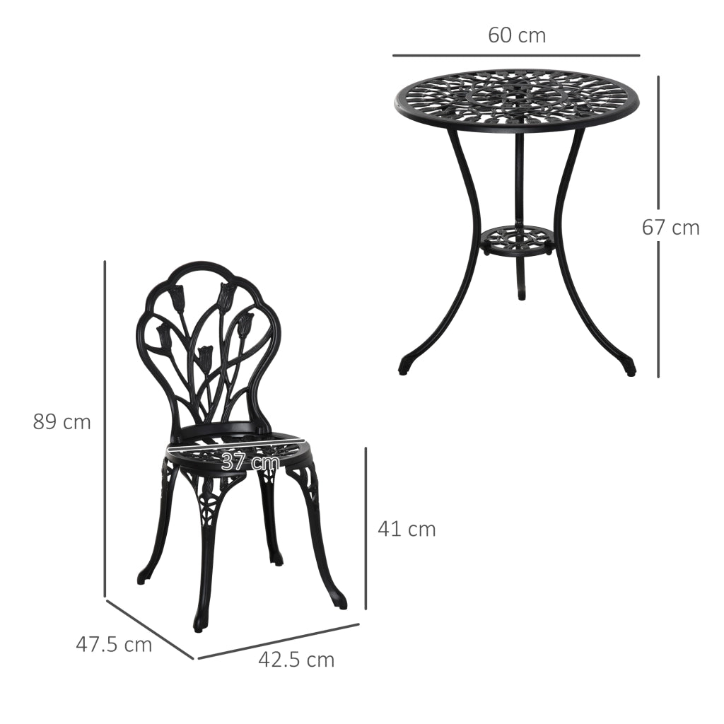 Set da Giardino 3 Pezzi ¨C Zephmum ¨C Nero, Alluminio, Sedie 42.5x47.5x89 cm e Tavolino ?60x67 cm