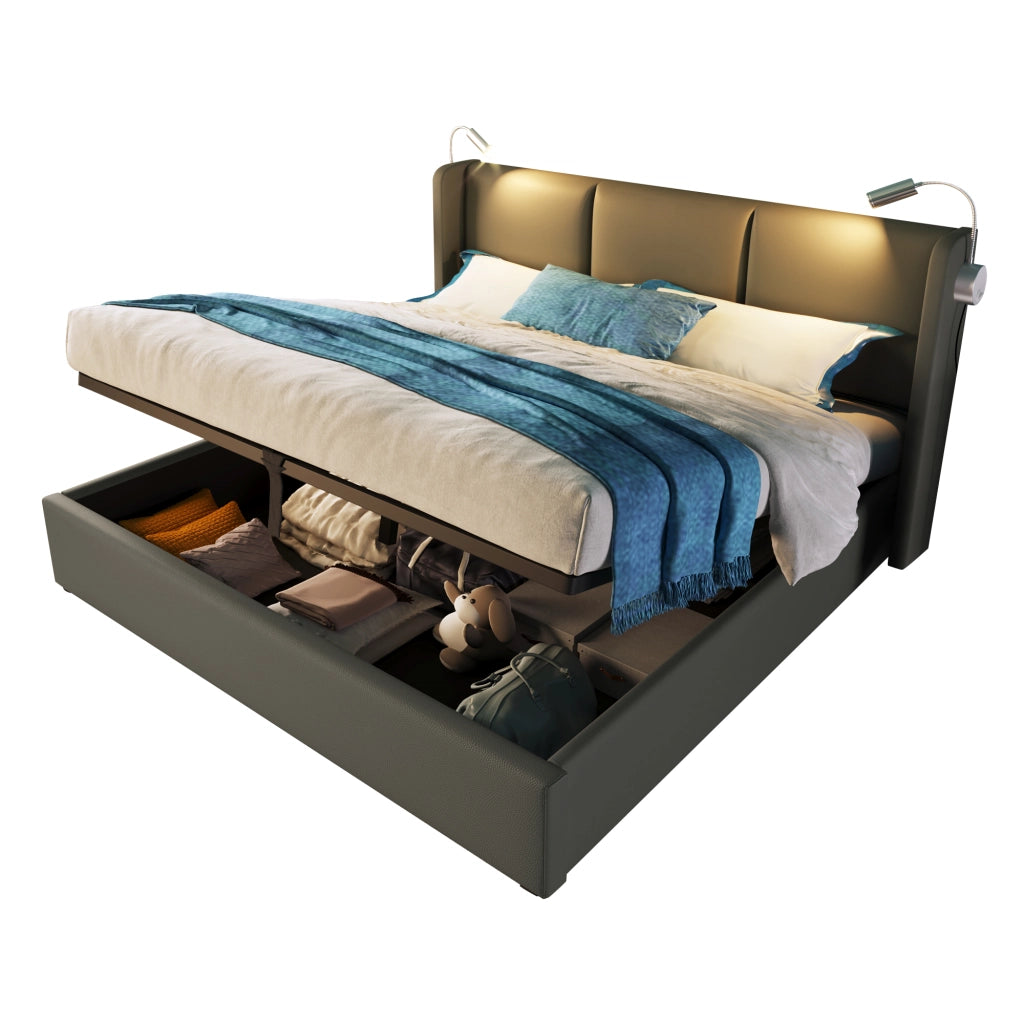 Letto Contenitore 160x200 cm con Luce da Lettura e Ricarica USB; in PU; Grigio