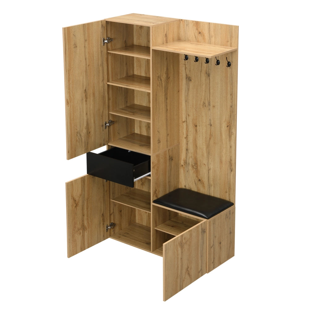 Set guardaroba da ingresso con specchio e 5 ganci; contenitore multifunzione in MDF nero e naturale