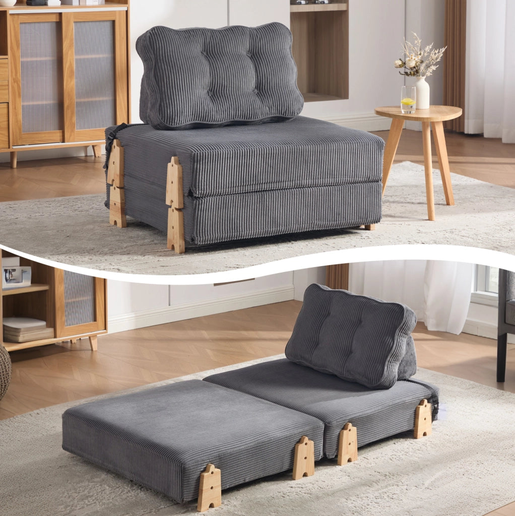 Poltrona letto pieghevole in corduroy grigio scuro; design nordico; 90x86x84 cm; con struttura in legno