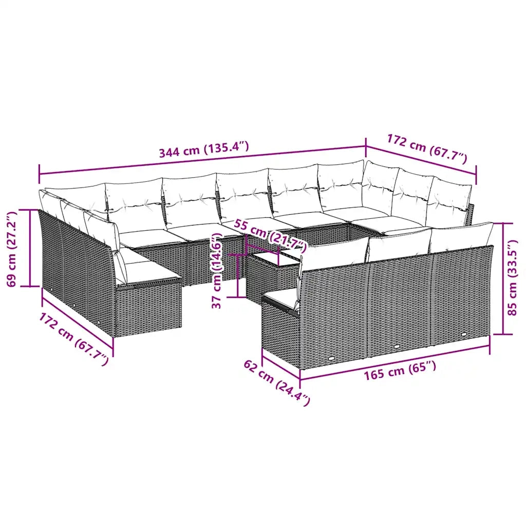 Set Divani da Giardino 14pz con Cuscini in Polyrattan Nero