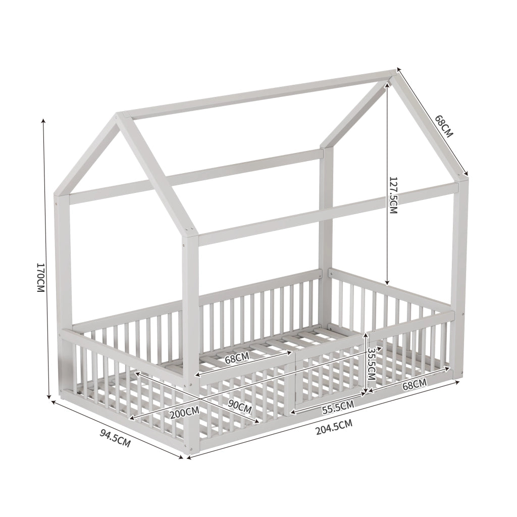 OKWISH Letto a casetta 90×200 cm, Letto Singolo con Spondine di Sicurezza, Porticina e Doghe, senza Materasso, in Pino e MDF, Bianco