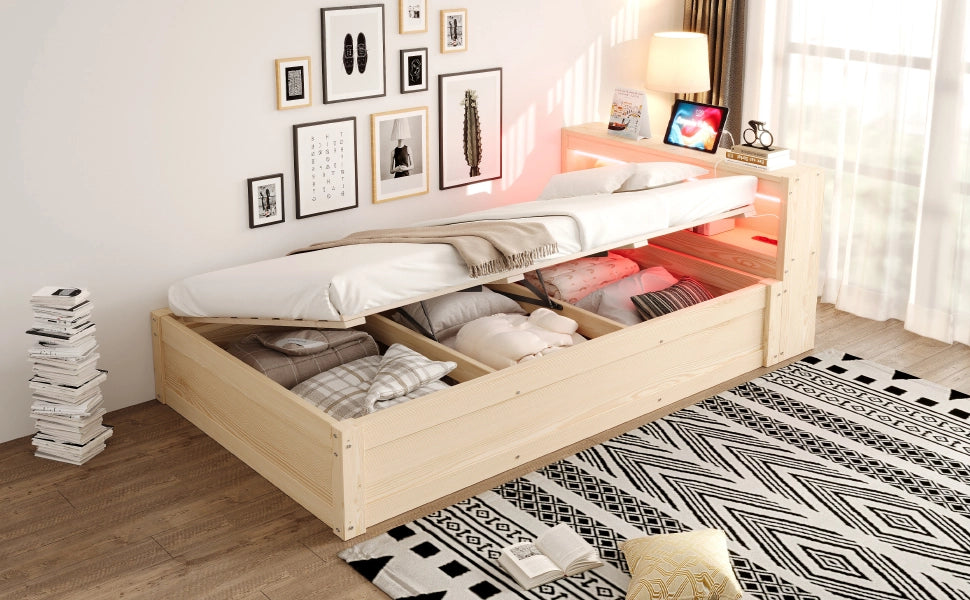 DESMIU Letto contenitore 90 × 200 cm 1 posto con presa, LED regolabile e vani, senza materasso, in MDF, legno