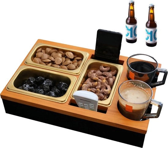 Bancobar con contenitori per snack in acciaio inossidabile, piastra di servizio in legno, organizzatore di banco con contenitore per bicchieri, bancobar con butler