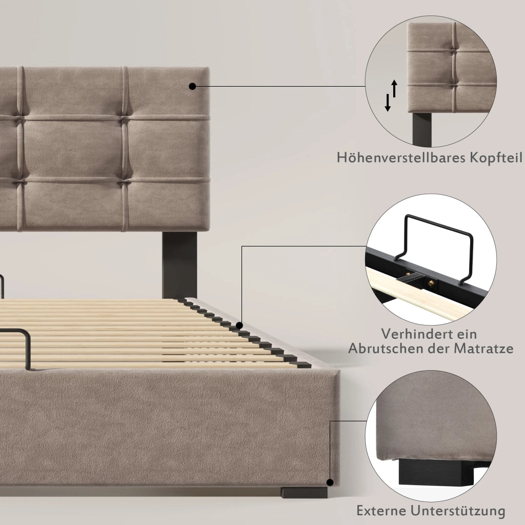 Letto contenitore matrimoniale 140×200 cm con testiera regolabile e rete sollevabile; senza materasso; velluto; grigio chiaro