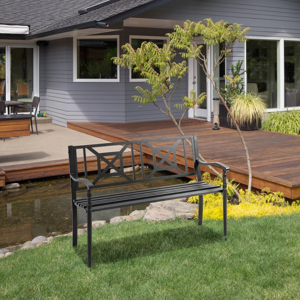 Panchina da Giardino 2 Posti ¨C Xylo ¨C Acciaio Nero con Braccioli 128x62,5x81,5 cm