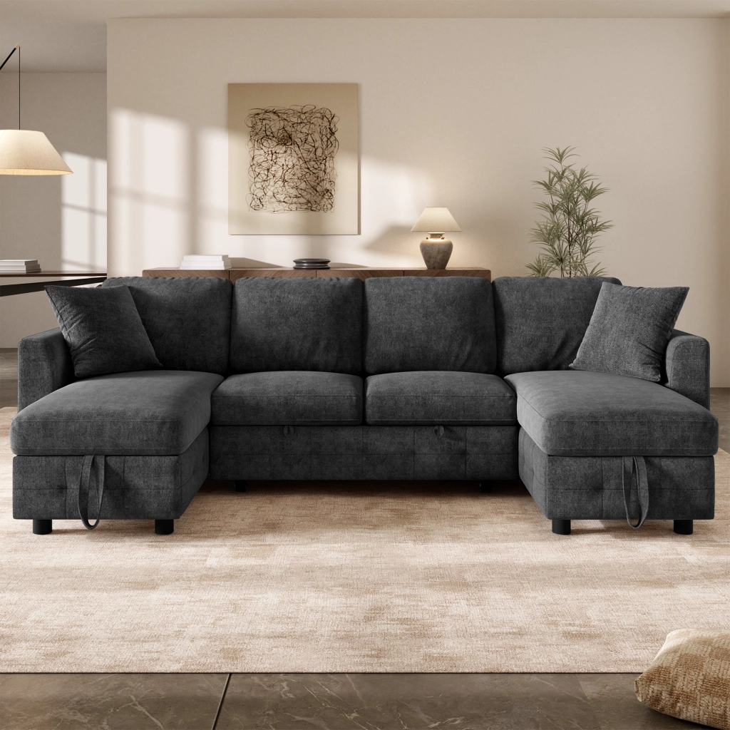 Divano letto angolare - con contenitore; USB e Type-C - in chenille grigio scuro