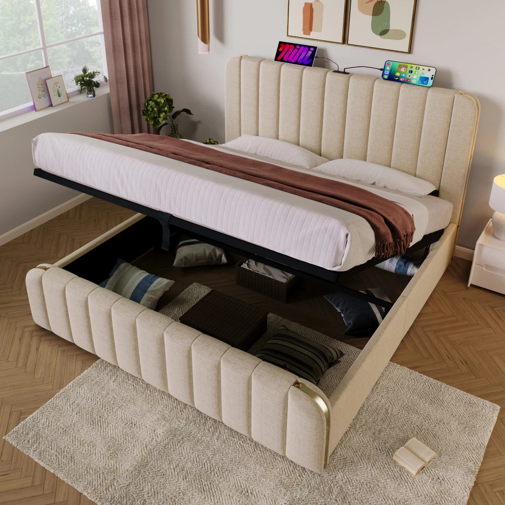 Letto matrimoniale imbottito 180x200 cm in lino beige con contenitore; USB e porta Type-C
