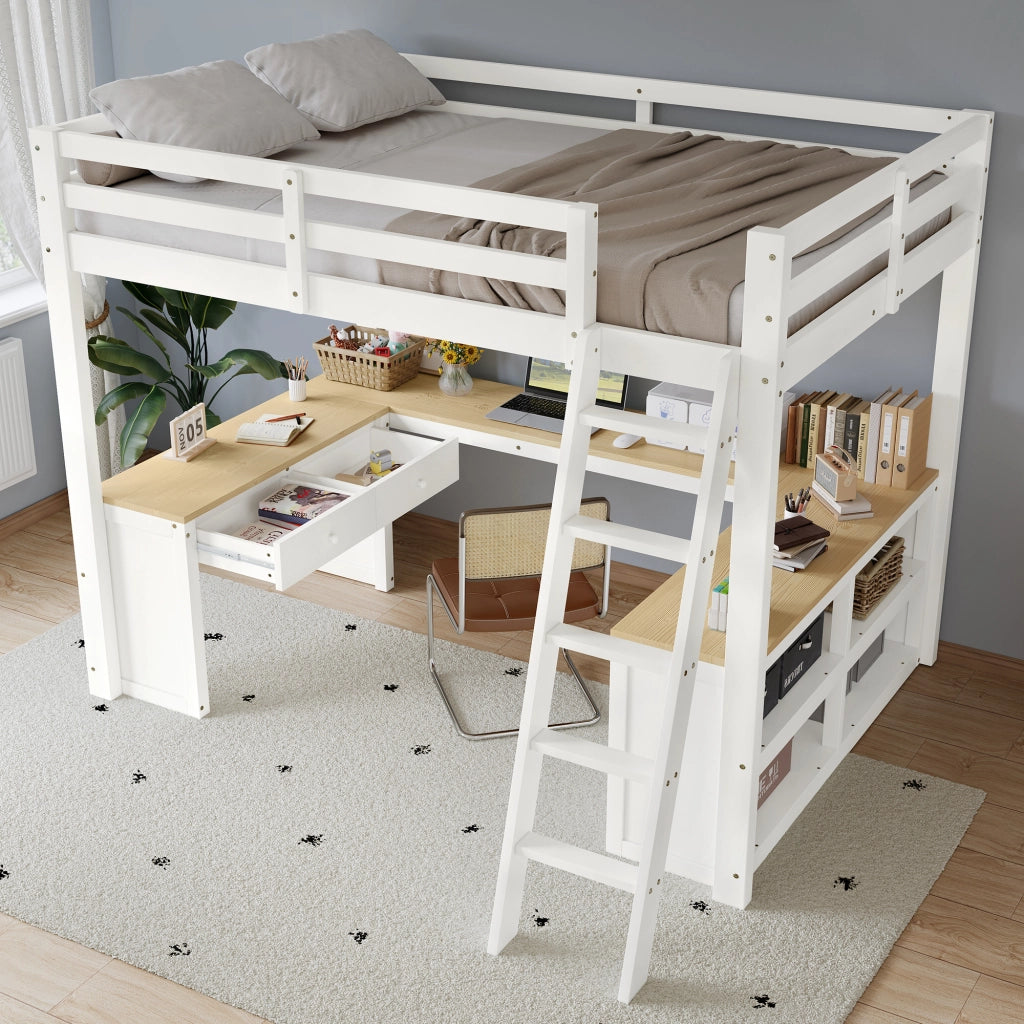 DESMIU Letto a soppalco per bambini 140 × 200 cm 1 posto con scrivania a U, 2 cassetti, ripiano, senza materasso, bianco e naturale