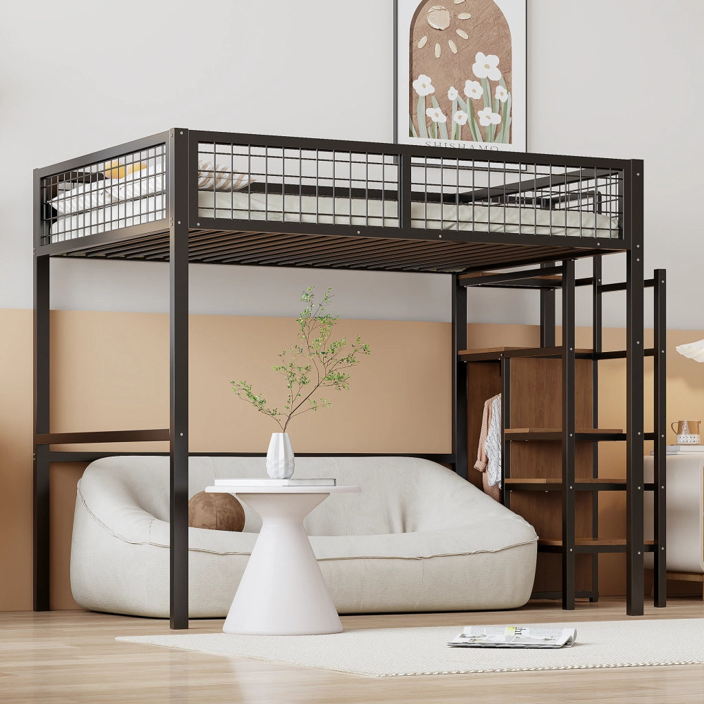 LETTO a soppalco 140x200 cm in metallo nero con scala e armadio