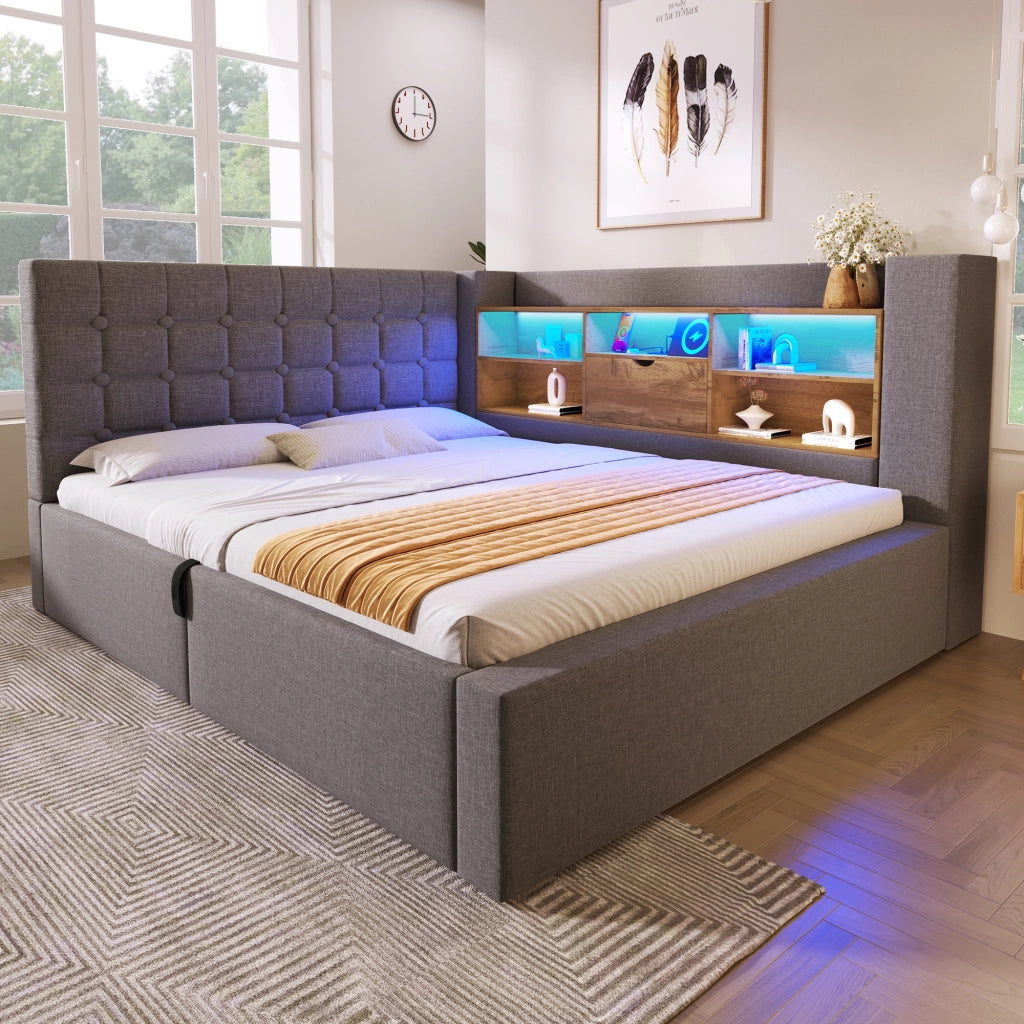 OKWISH Letto Contenitore 140×200 cm, Letto Matrimoniale con LED, USB, Tipo C e Testiera a L reversibile con ripiani, senza Materasso, Lino, Grigio
