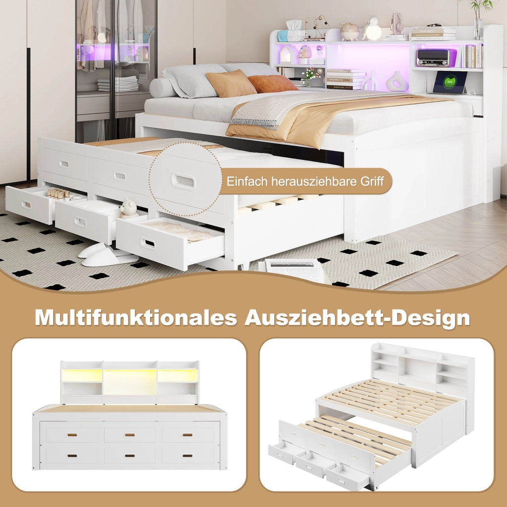 LETTO estraibile 140x200 cm Bianco con LED, 3 cassetti